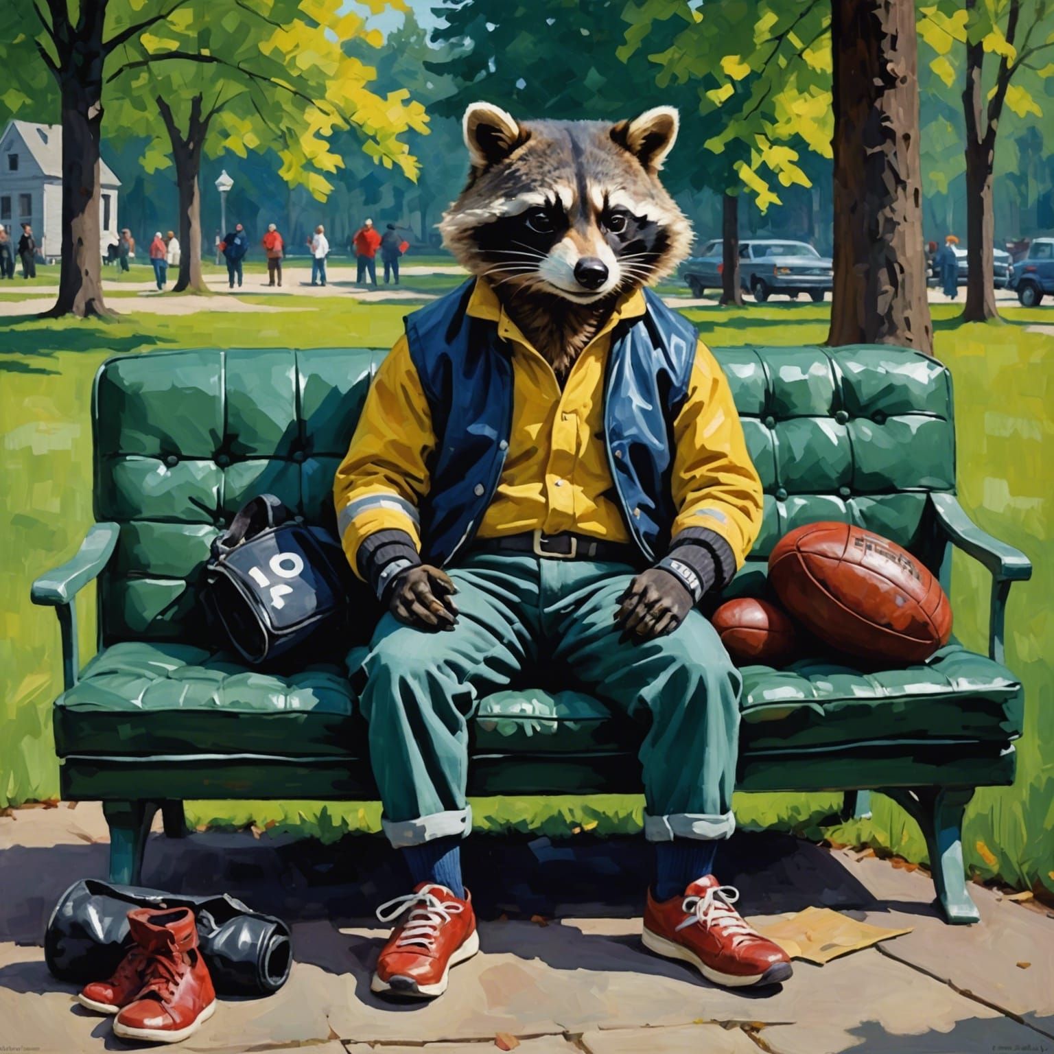 Raccoon Boxer on Sofa: Impasto Painting in American Style