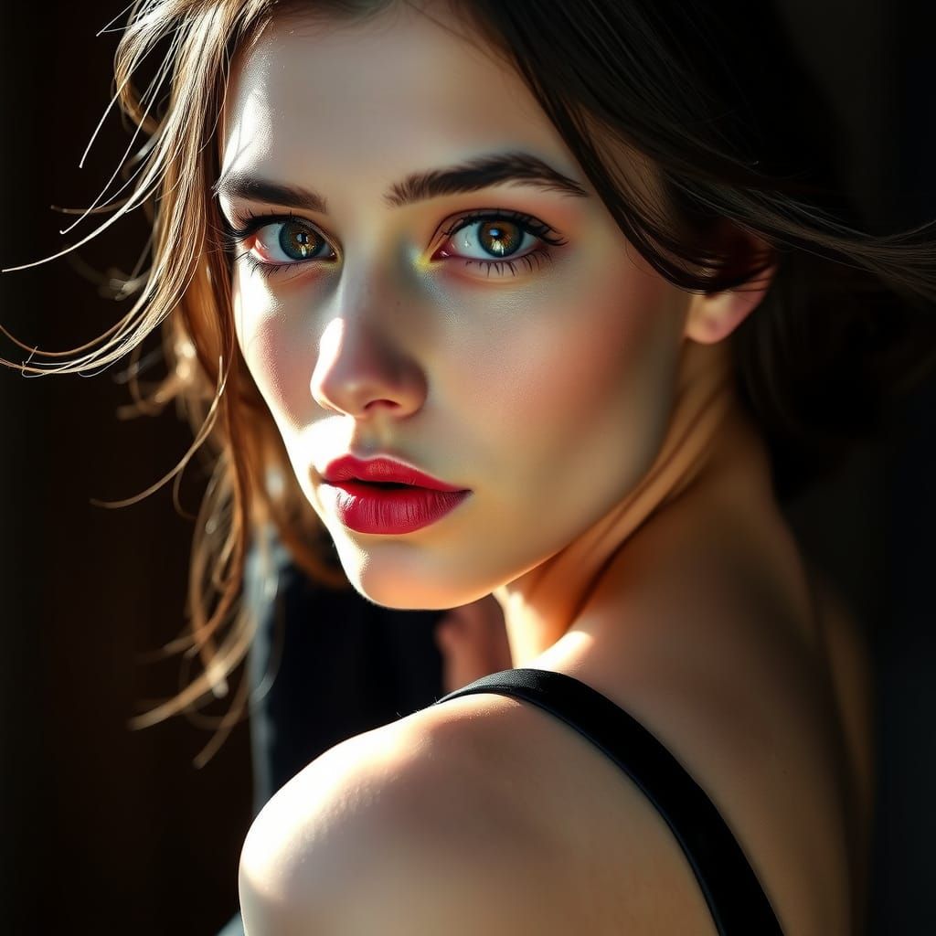 Woman's Piercing Gaze in Chiaroscuro Lighting
