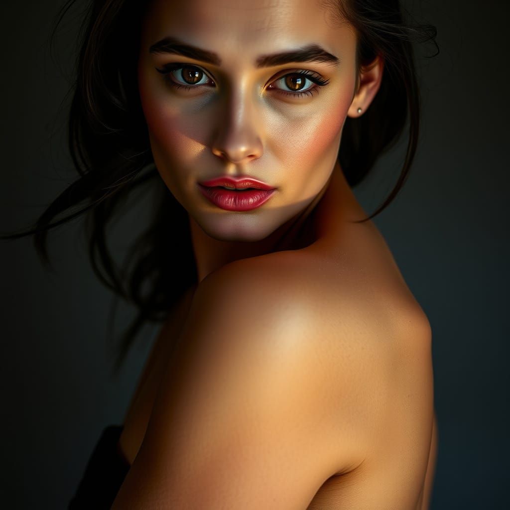 Soulful Hazel Eyes of a Woman in Black Gown