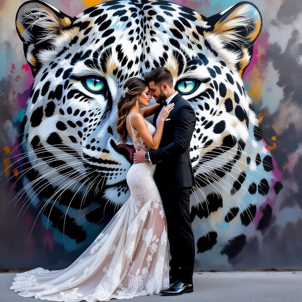 Couple Embraces Before Leopard Mural in Hyperrealistic Style