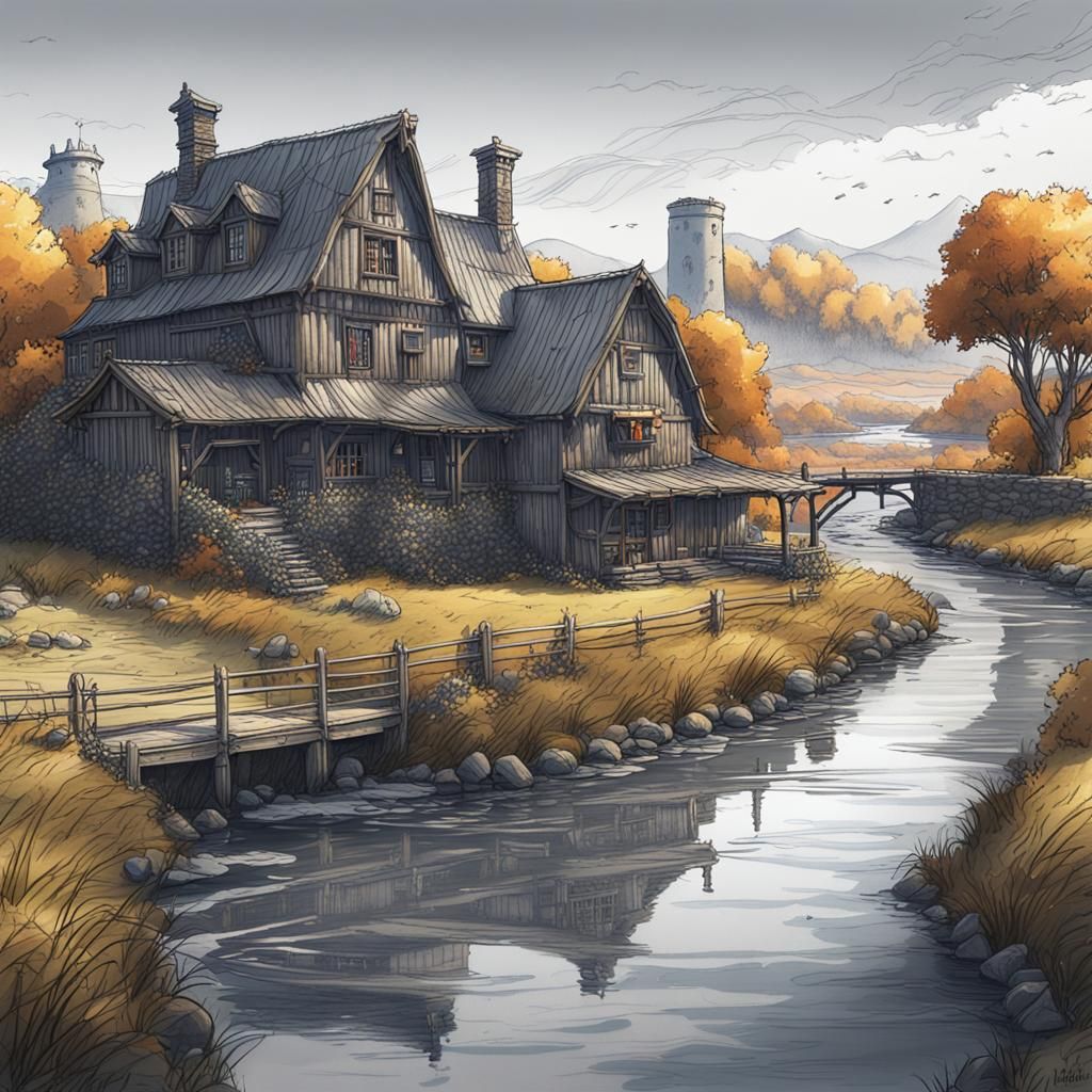 Farmhouse River Scene as Detailed Matte Painting