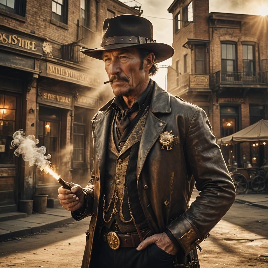 Steampunk Adventurer in Dusty Western Street