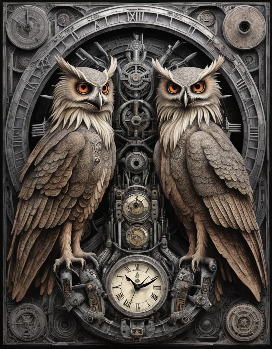 Clockpunk Eagle Owls in Retro Celtic Art Style