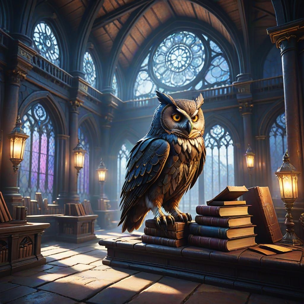 Owl in Hidden Library, Dark Fantasy Concept Art