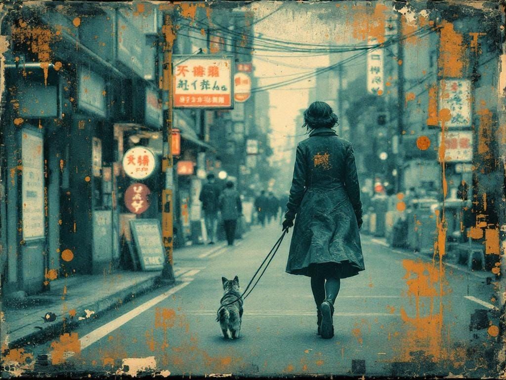 Woman and Cat in Tokyo, Patina Overlay