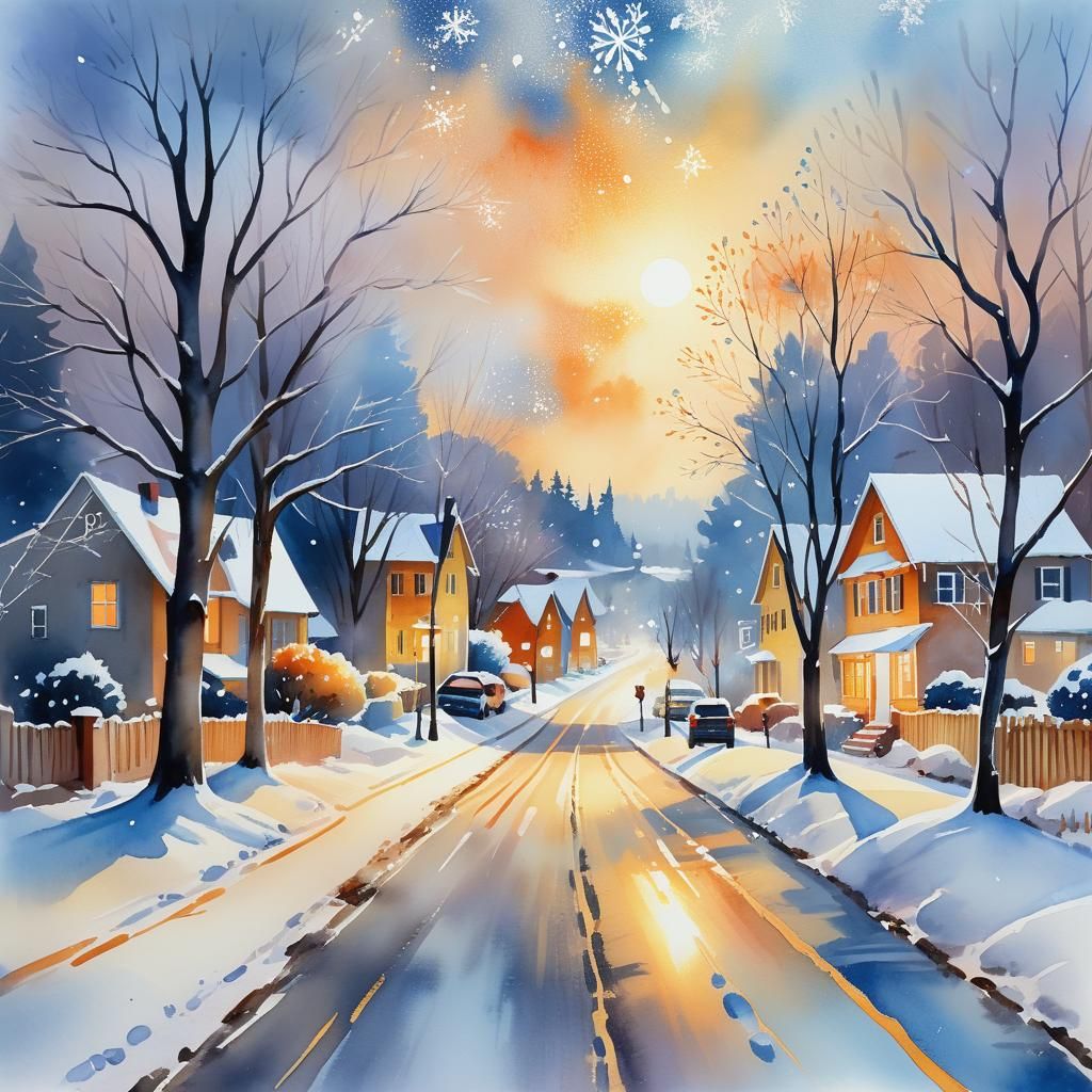 Snowy Neighborhood in Impressionist Watercolor Style