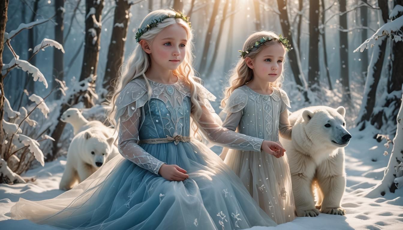 Elf Girl and Polar Bear in Winter Forest