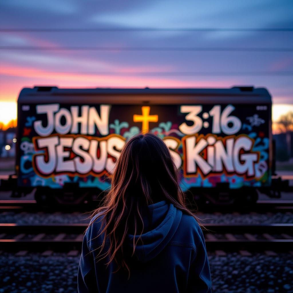 Girl Stares at Graffiti Train with Religious Message at Sunr...