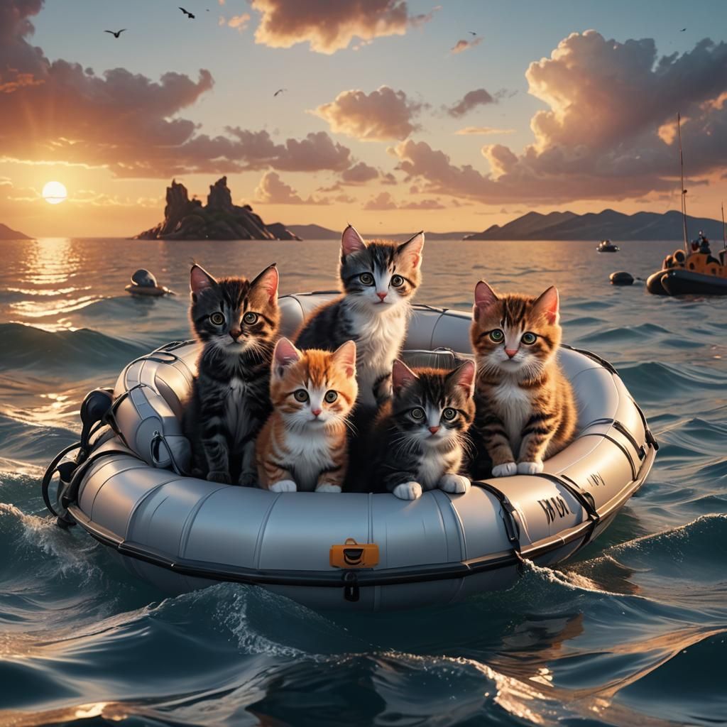 Kittens in Lifeboat at Sunset: Hyperrealistic Art