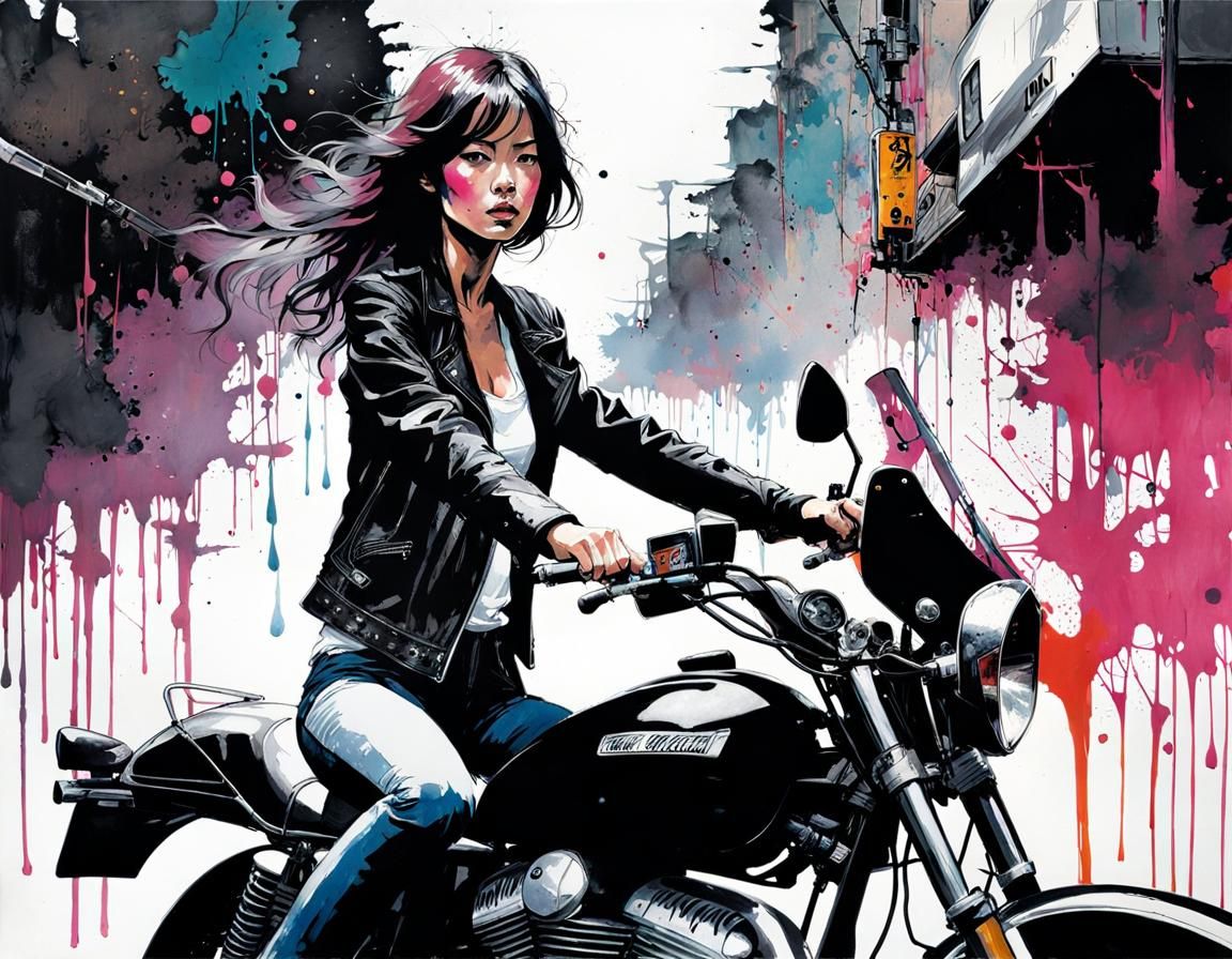 Ink Splatter Portrait: Girl on Motorcycle