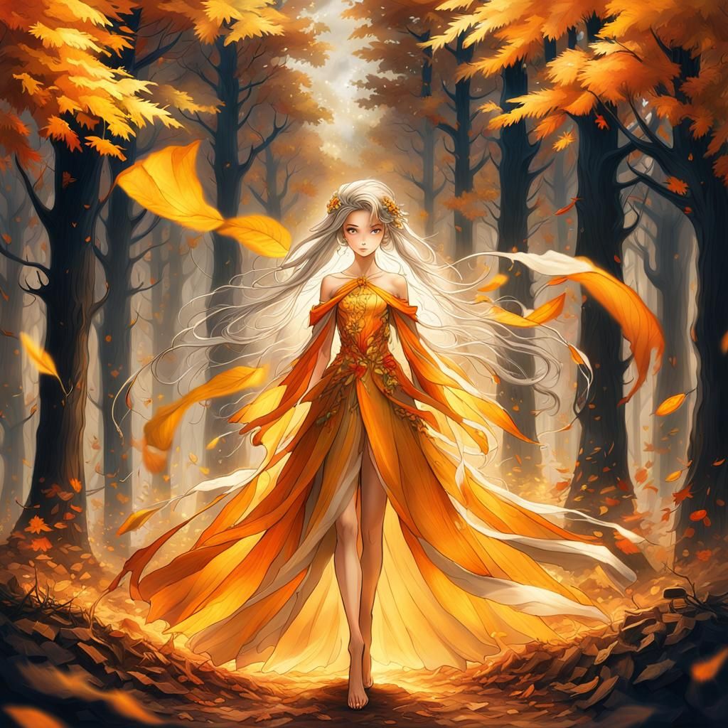 Autumn Fairy in Windy Forest