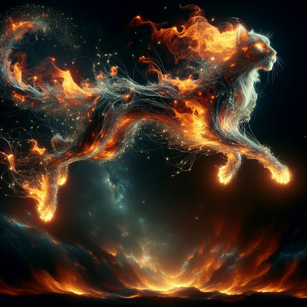 Fiery Cat in Obsidian Sky: Digital Matte Painting