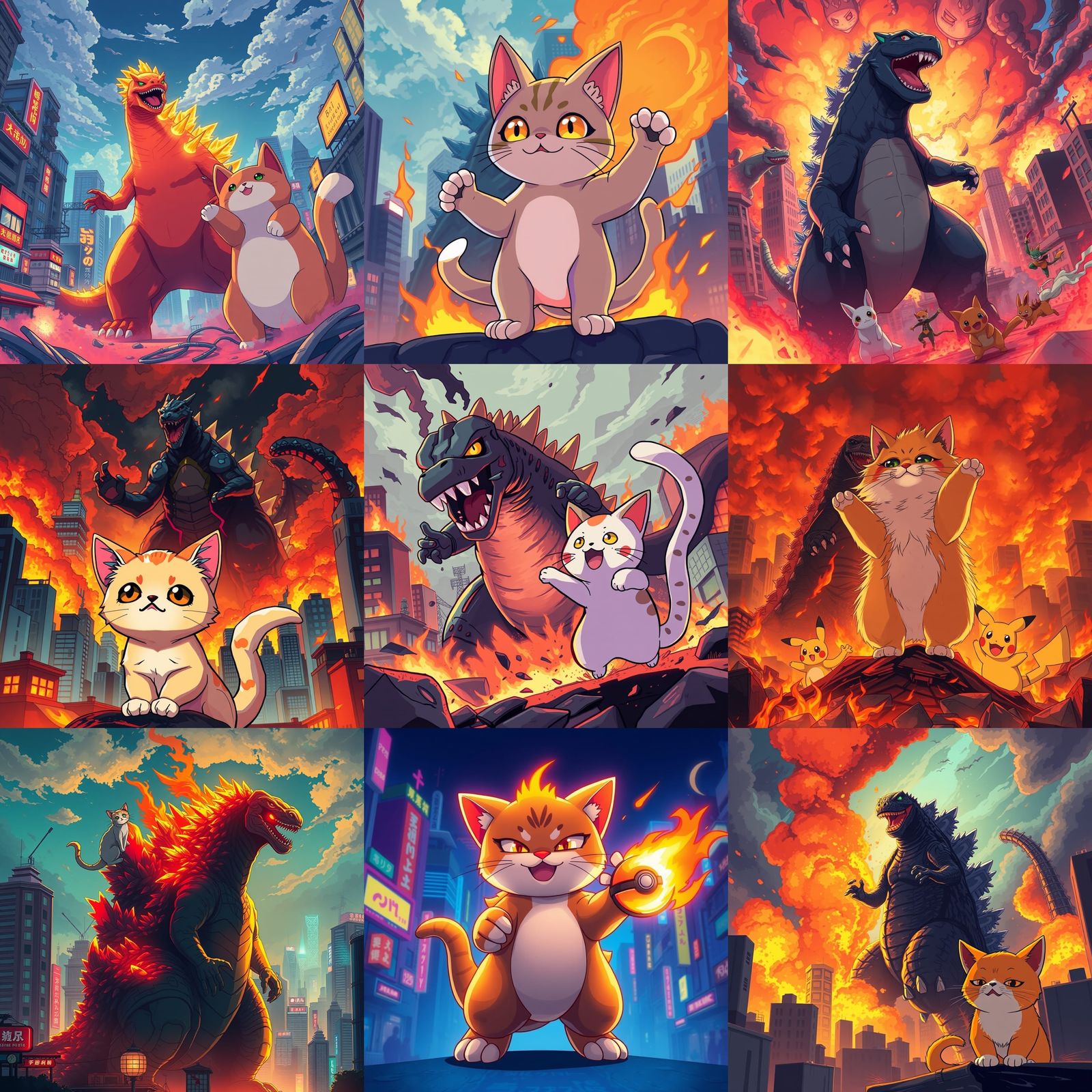 Anime Cat Fire Godzilla Pokemon in Cel-Shaded Style