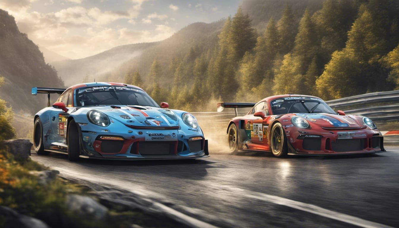 GT3 Race Cars Racing Through Mountain Scene in Cartoon Style
