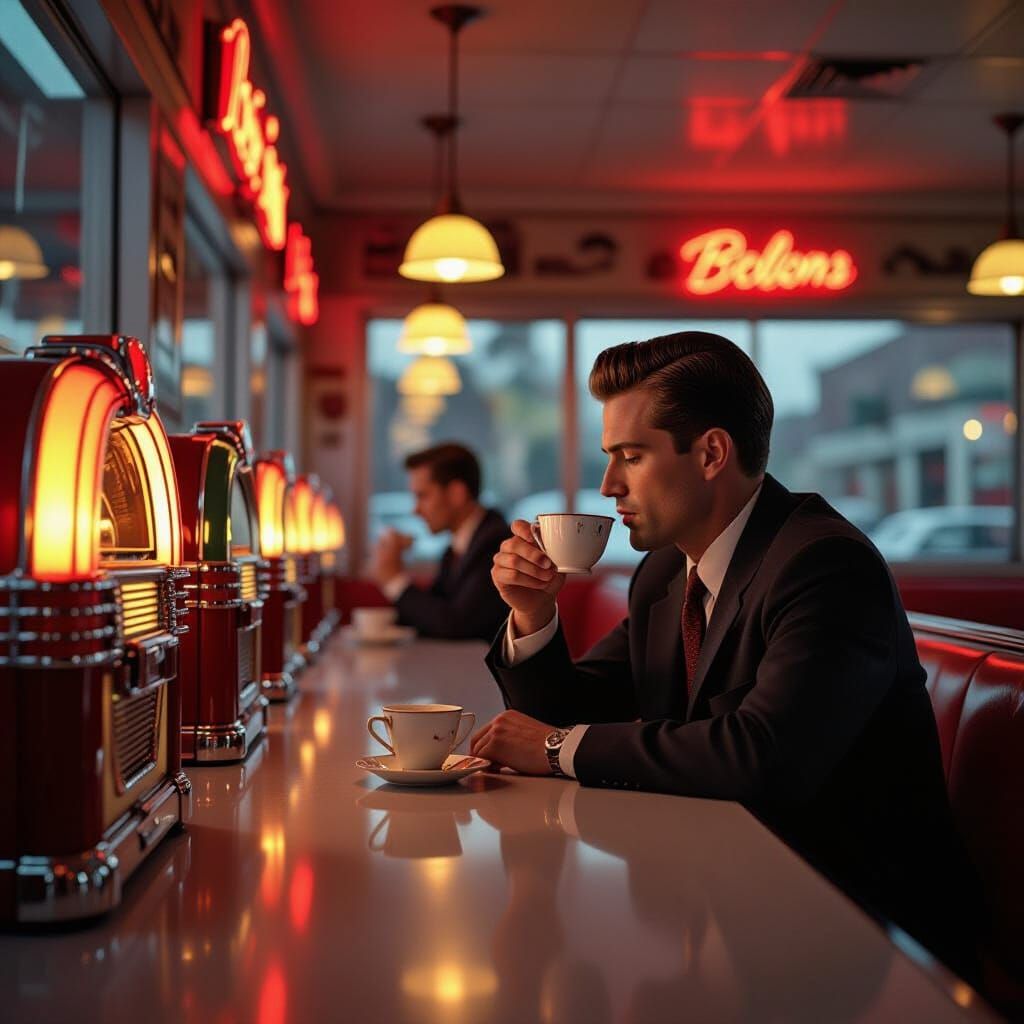 1950s Diner Scene with Lone Man at Counter