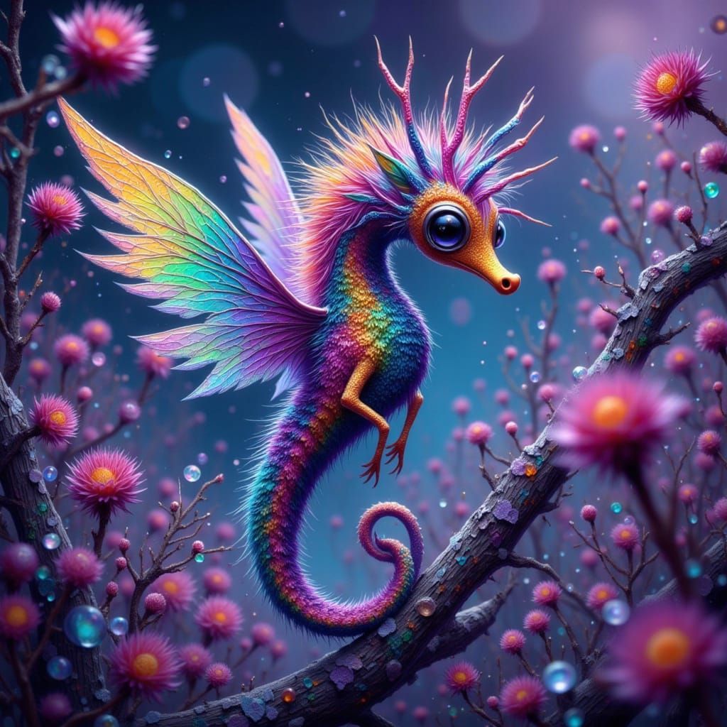 Iridescent Seahorse with Wings in Bioluminescent Cave