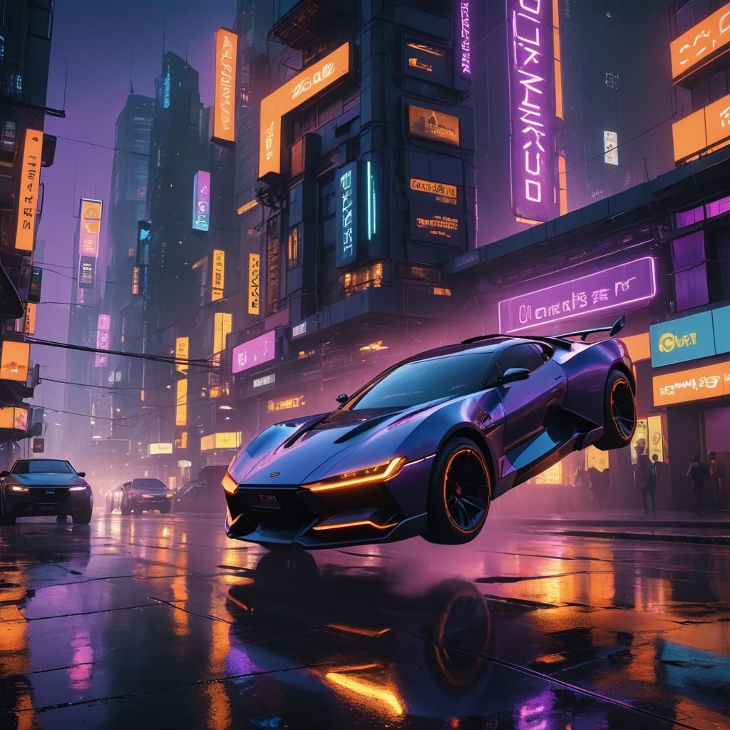 Cyberpunk Sports Car in Neon Cityscape