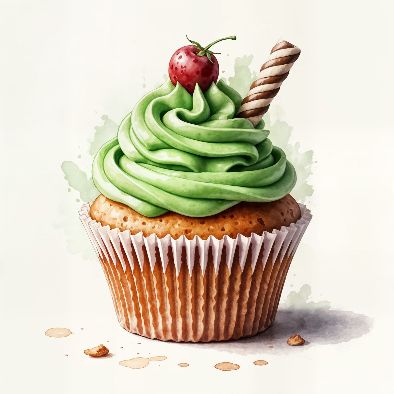 Green Icing Cupcake Watercolor Painting
