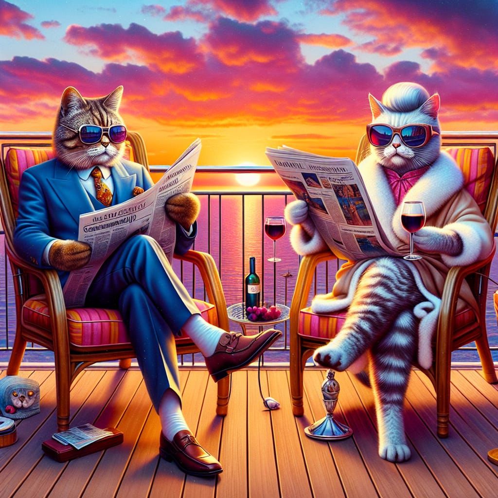 Surreal Cats Enjoying Sunset Wine in Armchairs