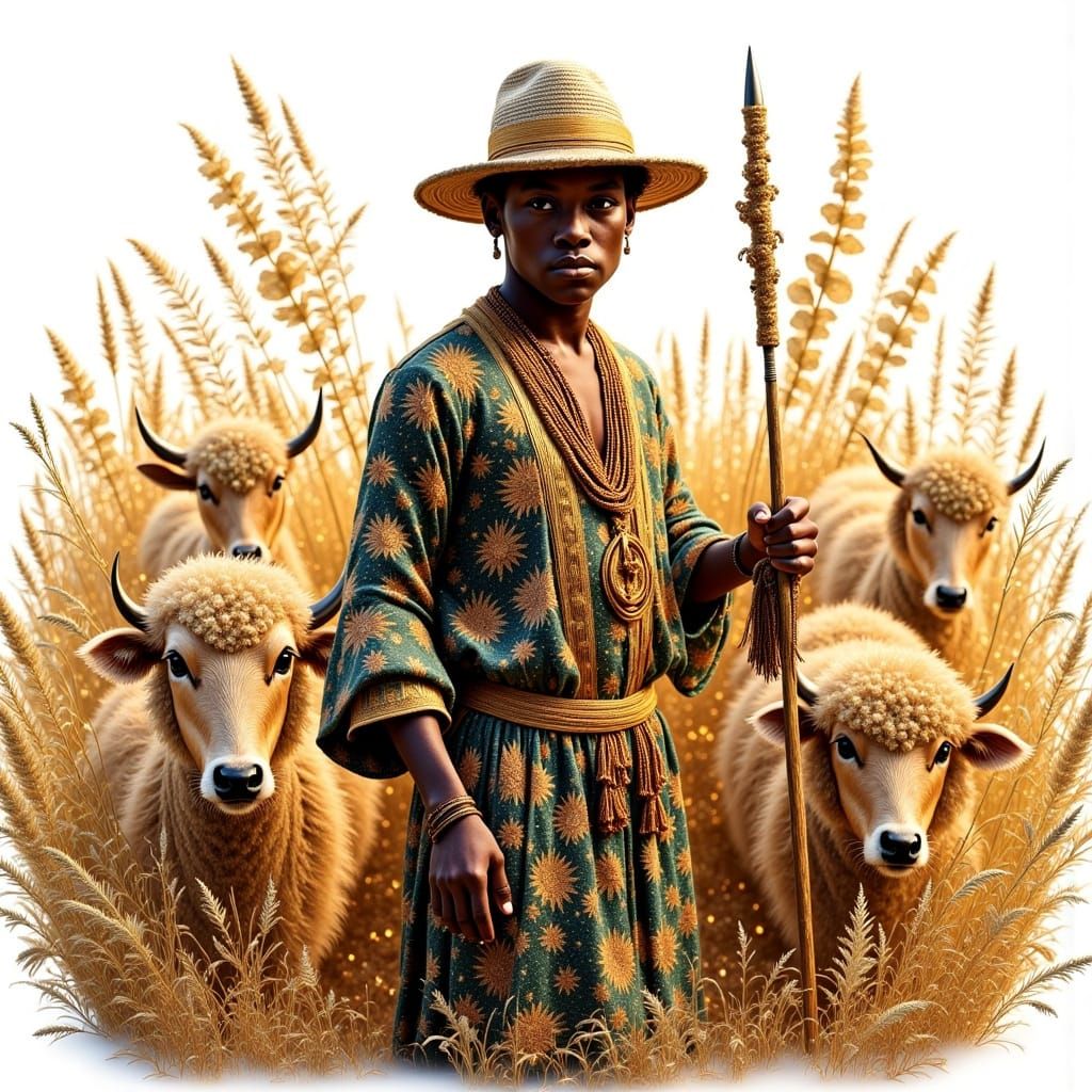 Mosotho Herdboy with Cattle and Molamu Staff