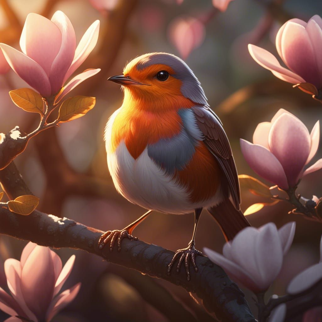 Robin Portrait on Magnolia Tree, Hyperdetailed Art