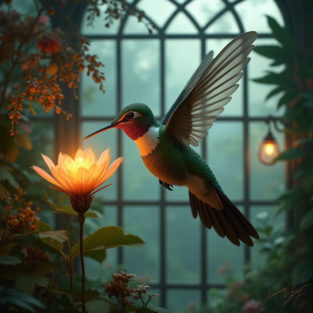 Steampunk Hummingbird Sipping Nectar in Victorian Greenhouse