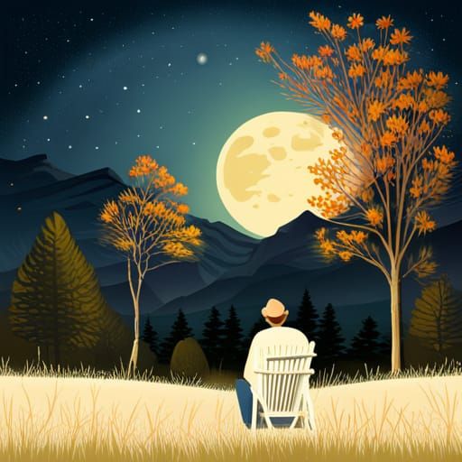 Dreamy Midnight Garden Scene with Full Moon