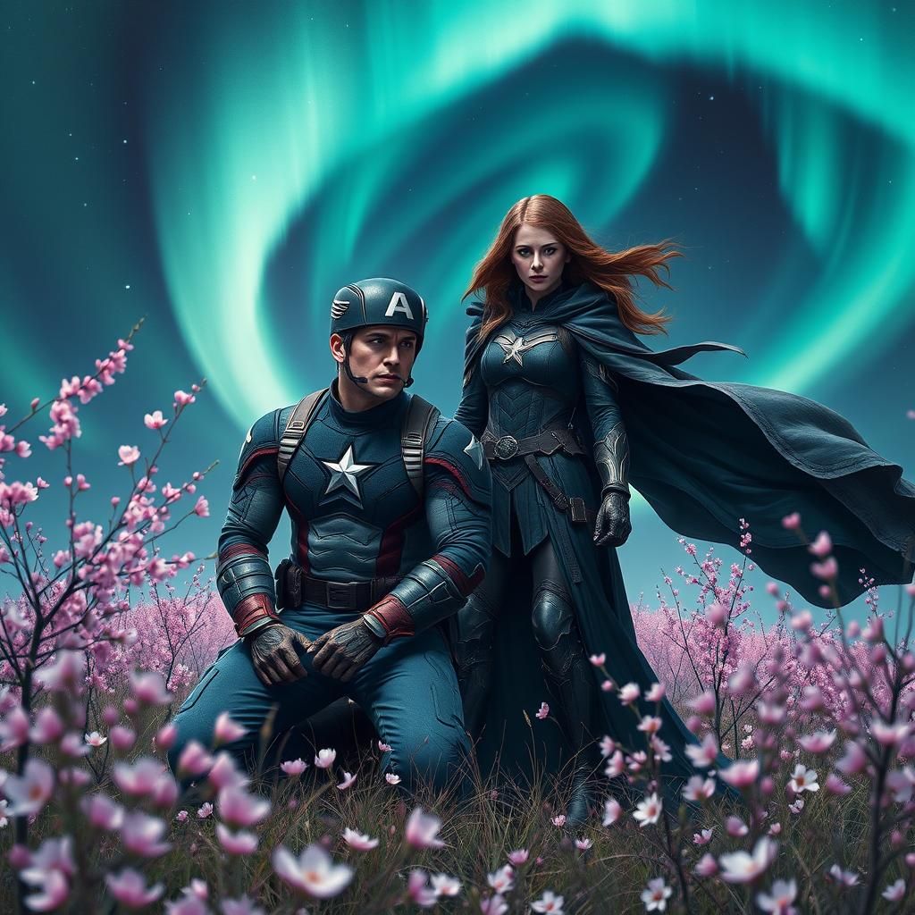 Captain America and Scarlet Witch in Cherry Blossom Field