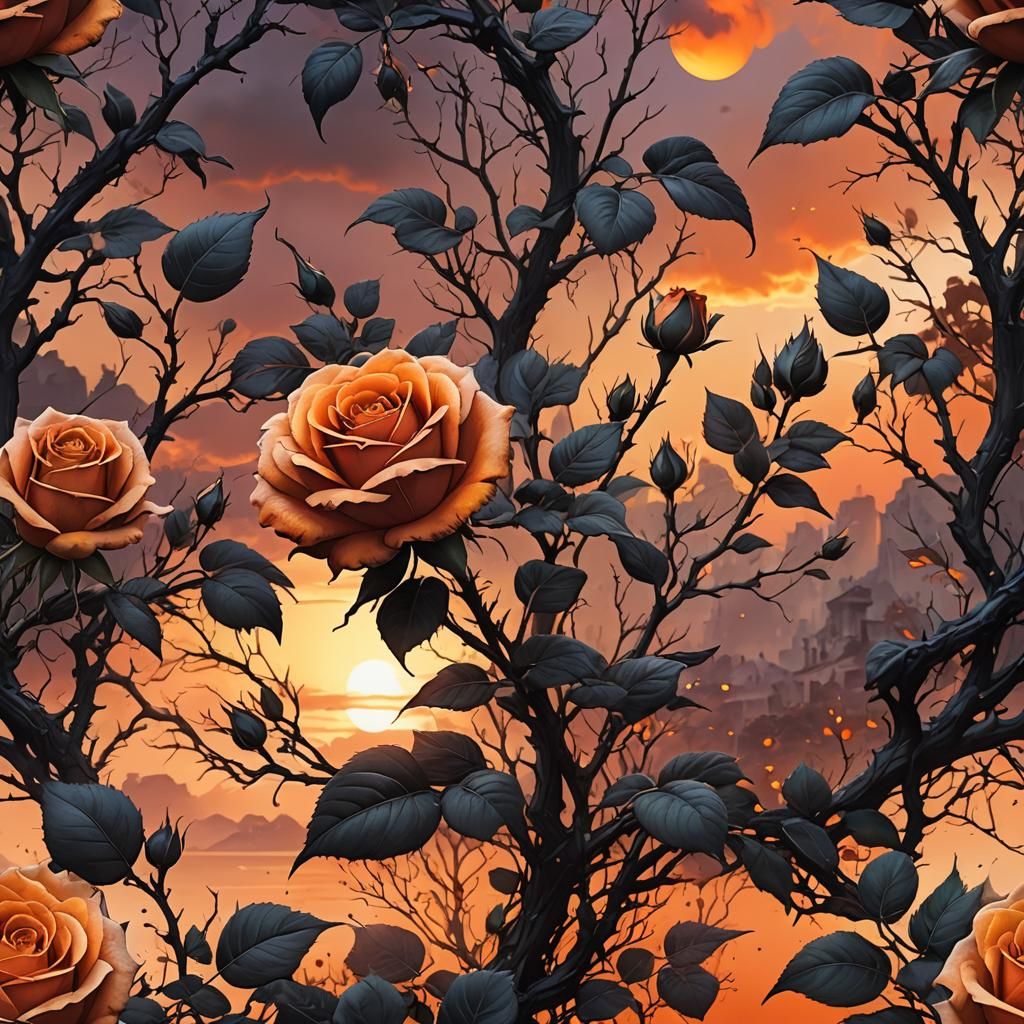 Rose Sunset in Detailed Ink Art Style