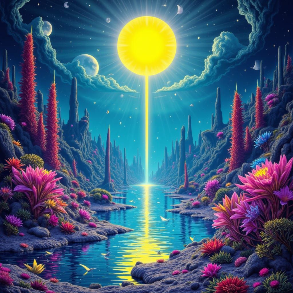 Alien Solarpunk Settlement with Bioluminescent Kelp Forest