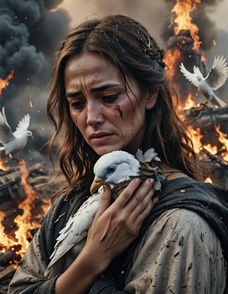 Grieving Woman Cradles Dove on Battlefield