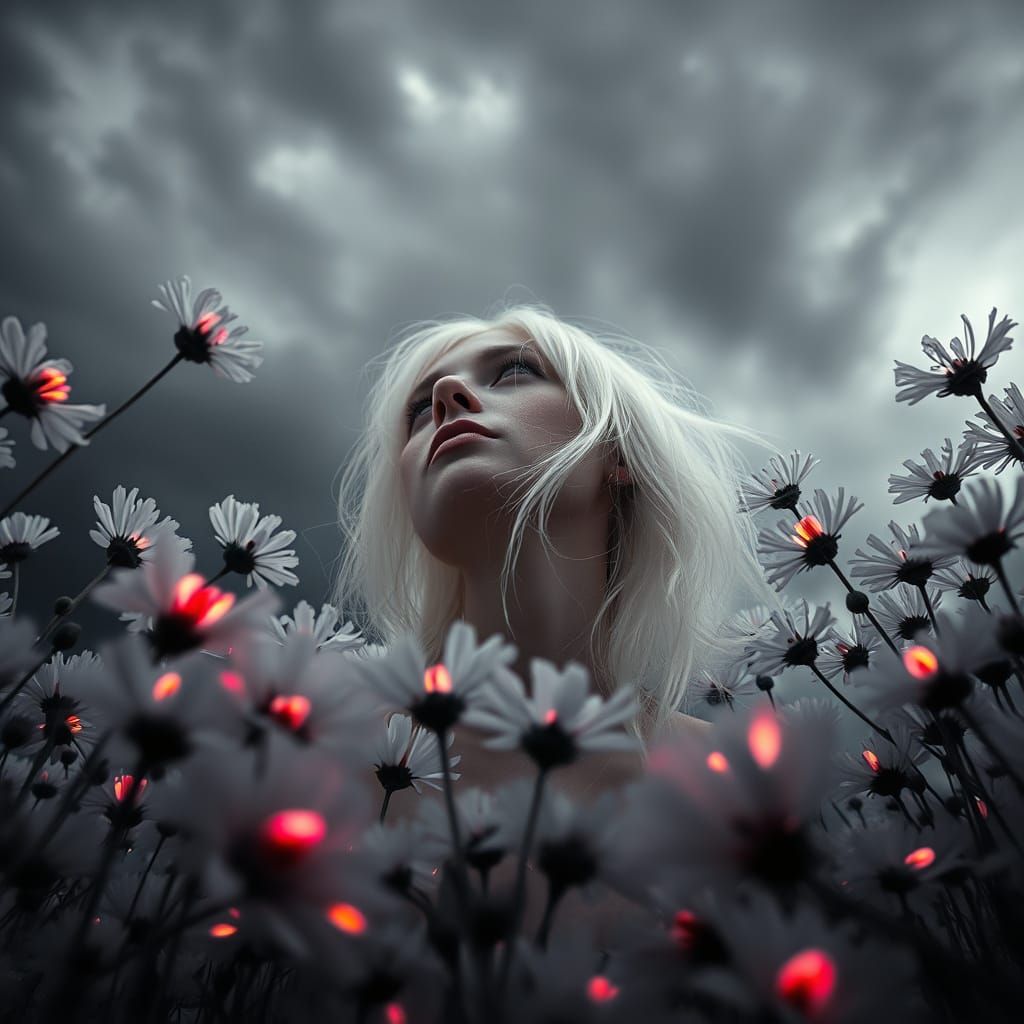 Fairy Woman Amidst Ghostly Flowers Under Stormy Sky