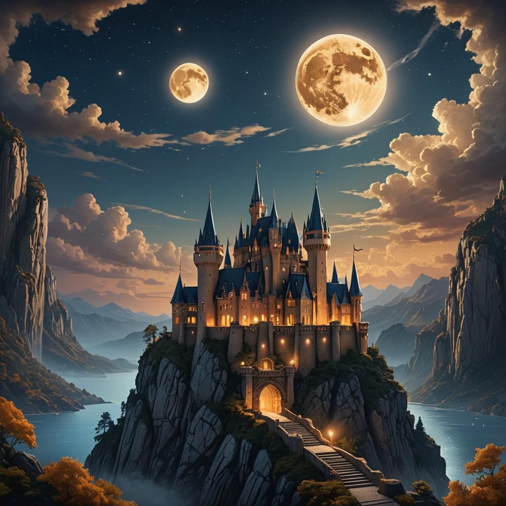 Cliffside Castle Under Starry Sky: Digital Matte Painting