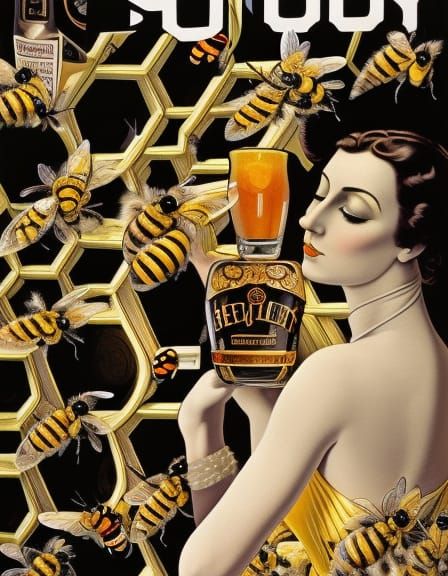 Art Nouveau Honey Liqueur Poster with Woman and Bees