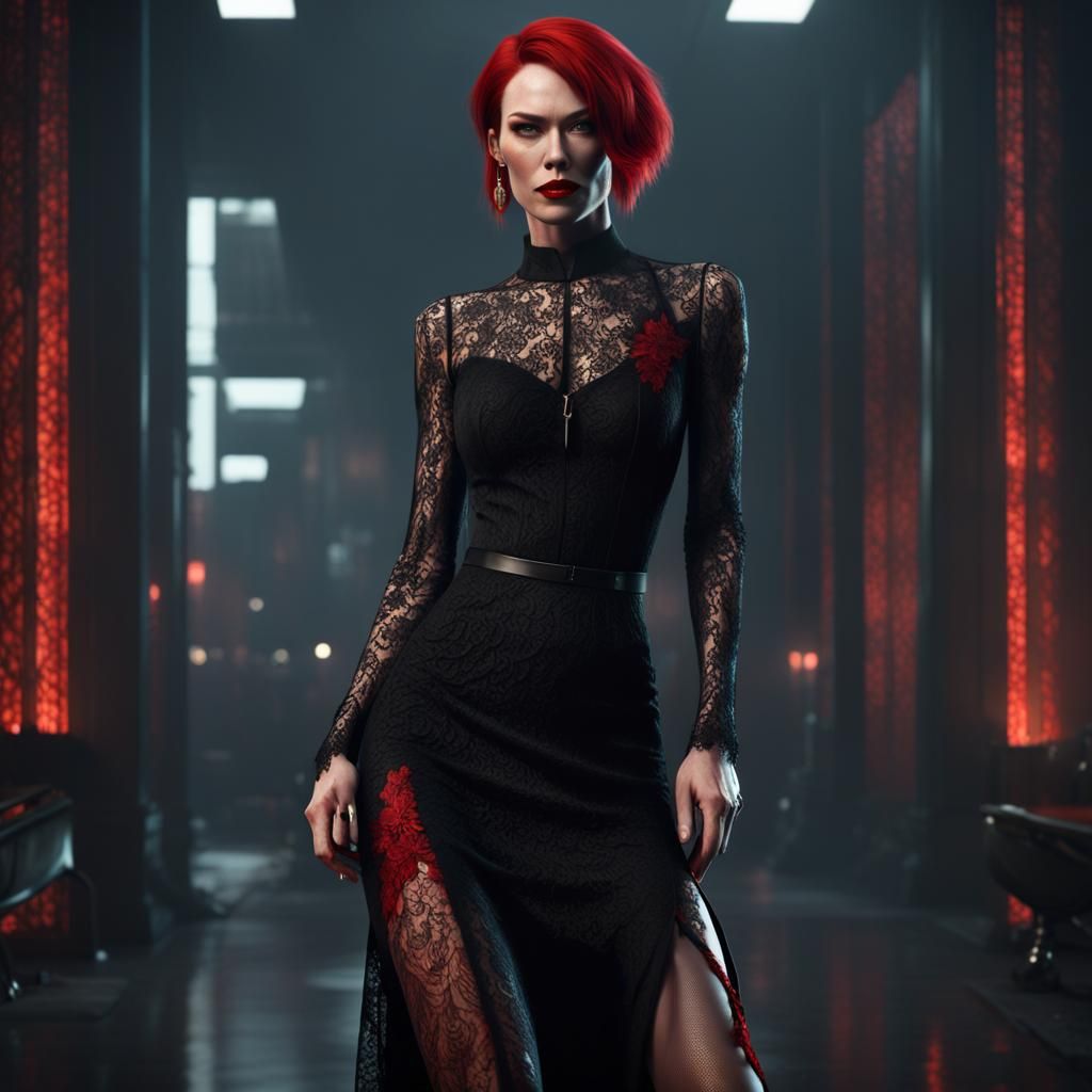 Cyberpunk Girl in Red Lace Dress, Unreal Engine 5