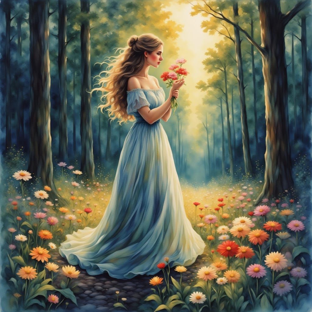 Lady with Flower in Forest, Impressionistic Fantasy Realism