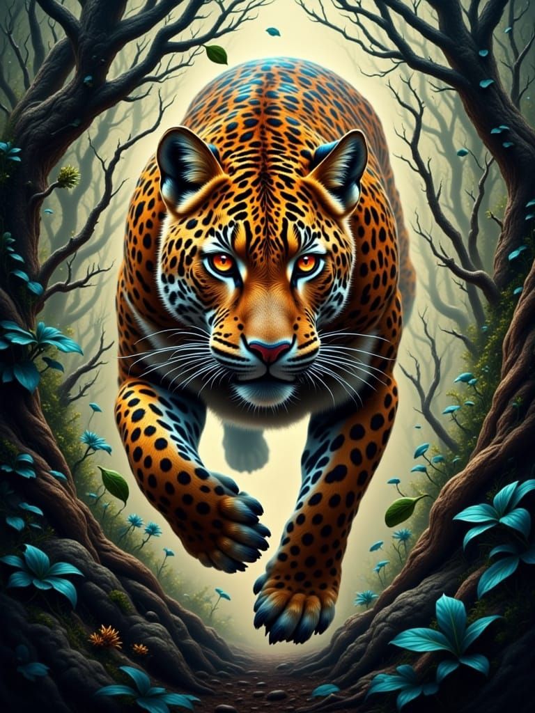 Majestic Leopard in Mid-Air, Vibrant Illustration