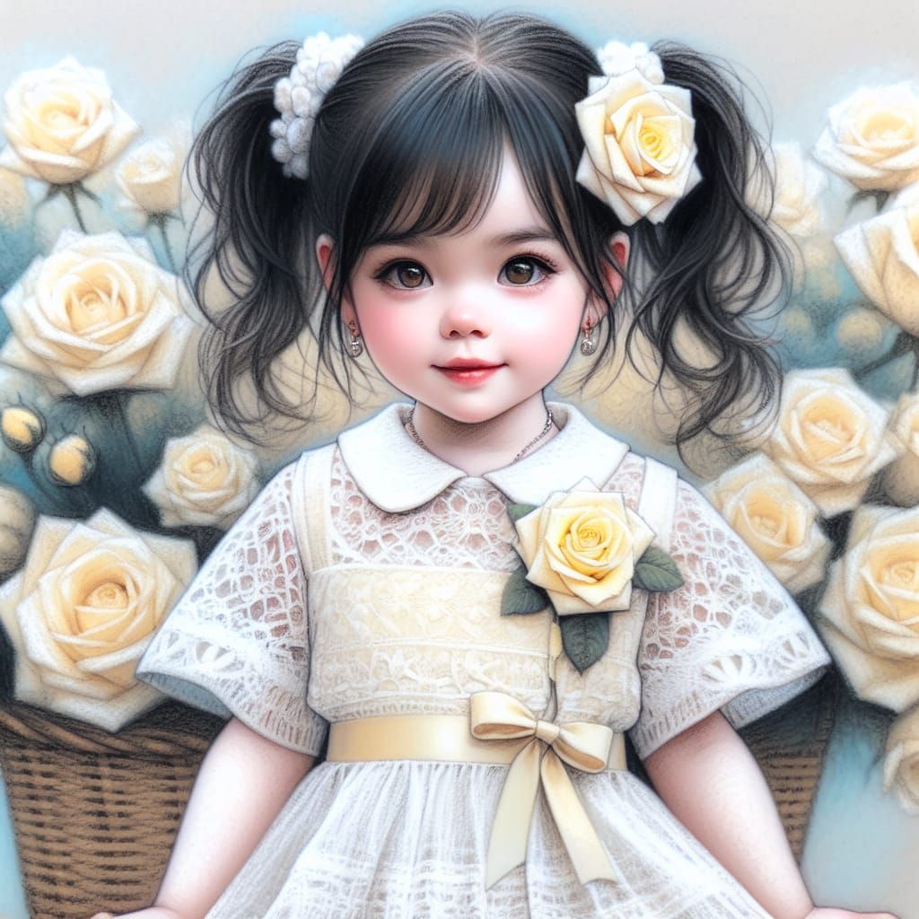 Girl in Lace Dress with Pastel Roses