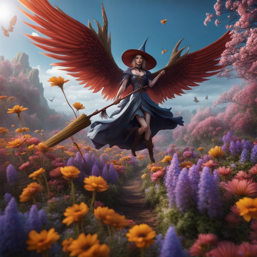 Good Witch Flying Above Flowers in Detailed Digital Painting