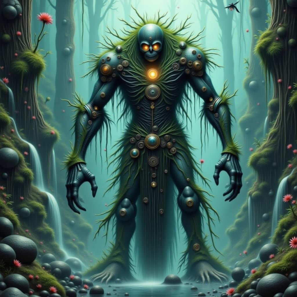 <lora:Fantasy 7:1.0> A colossal ancient stone golem, overgrown with bioluminescent moss and intricate clockwork mechanis...