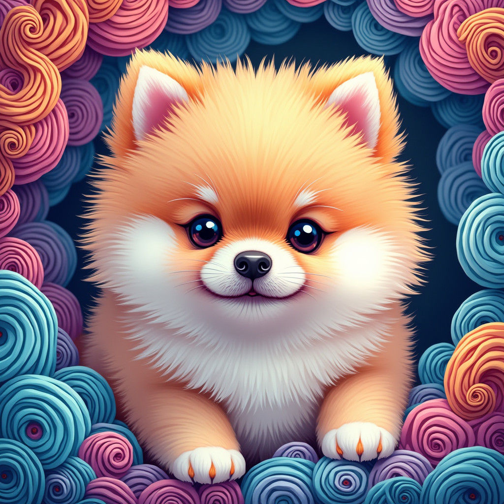 Fluffy Pomeranian Puppy in Abstract Fractal Dreamscape