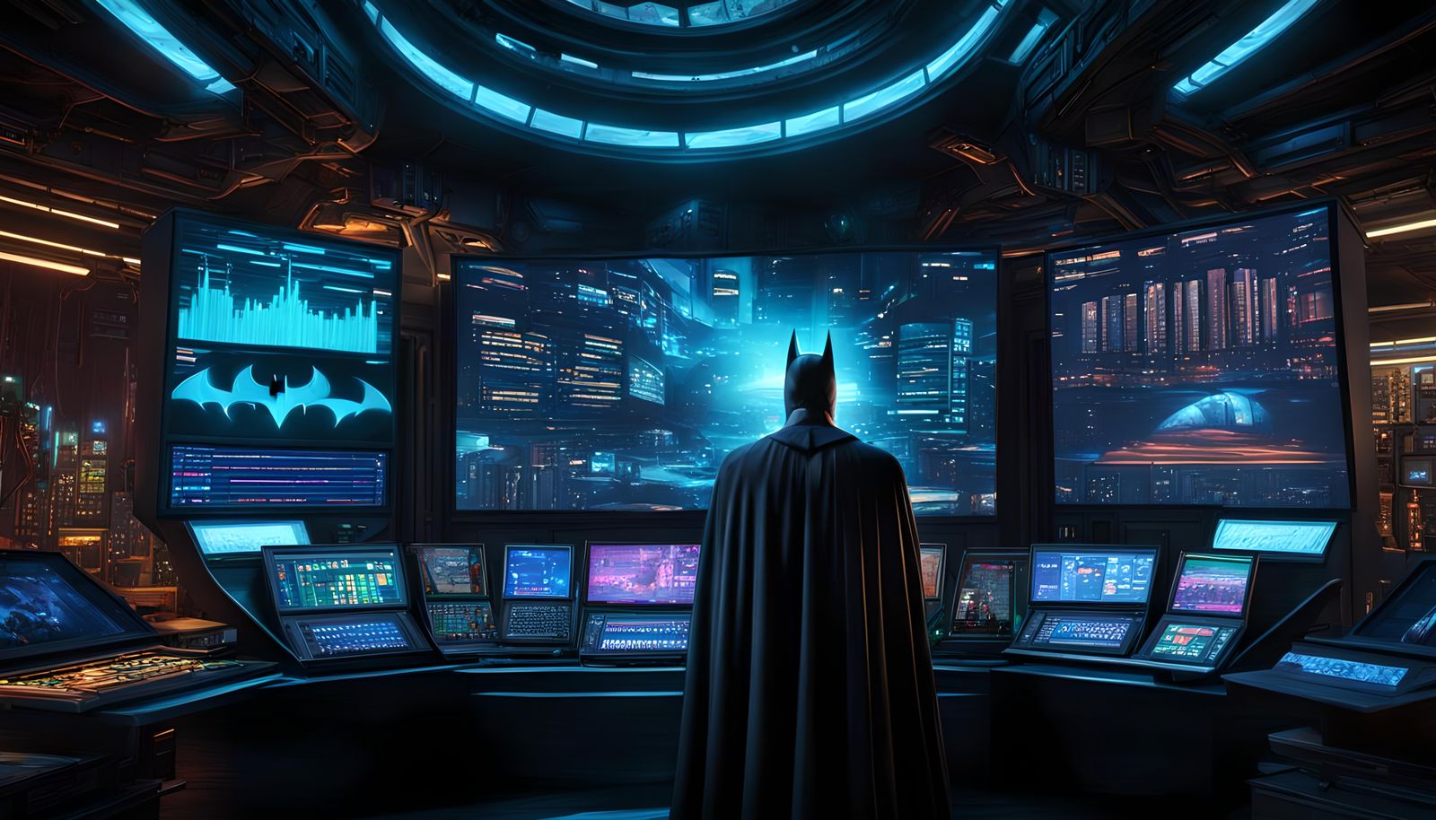 Batman reviewing crime statistics inside the batcave....
