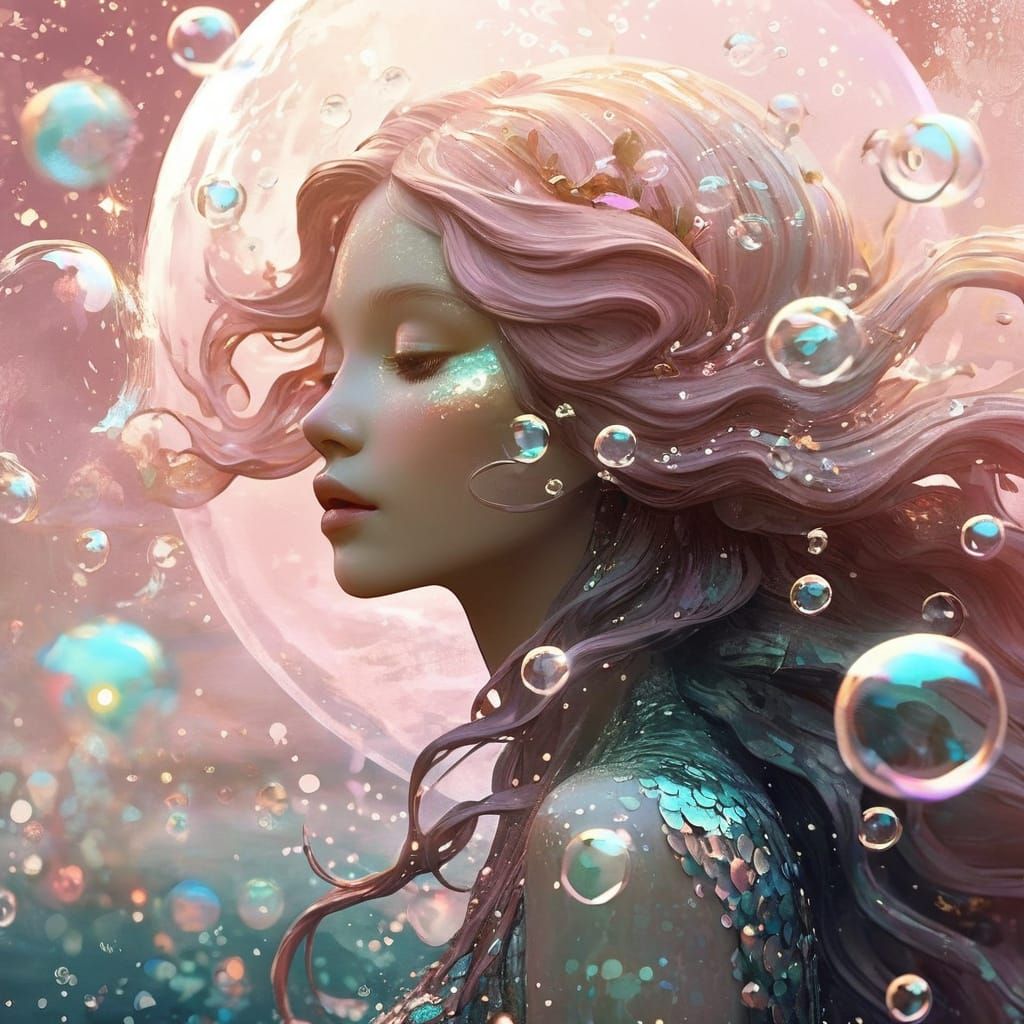 Bioluminescent Mermaid Blowing Bubbles: Art Nouveau Digital ...