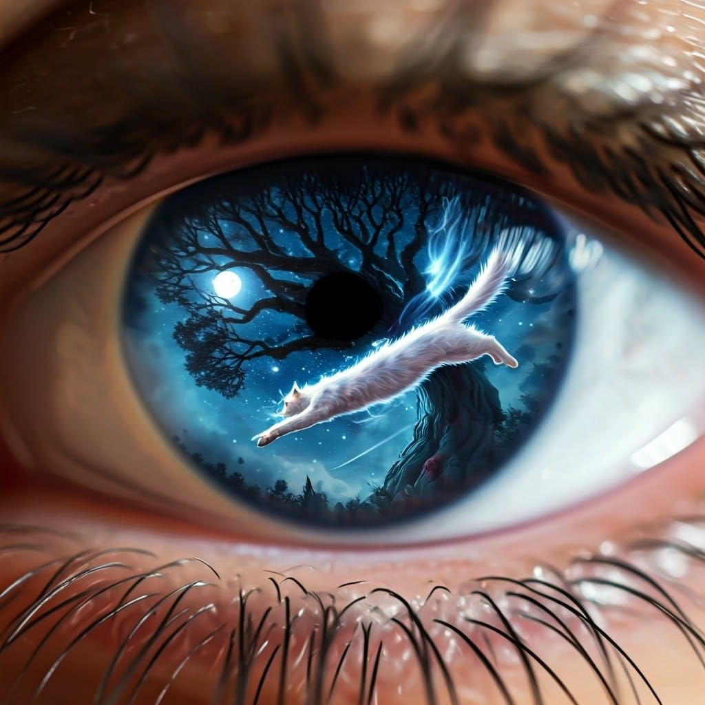 Whimsical Nighttime Scene of a Diving Cat in Watercolor Styl...