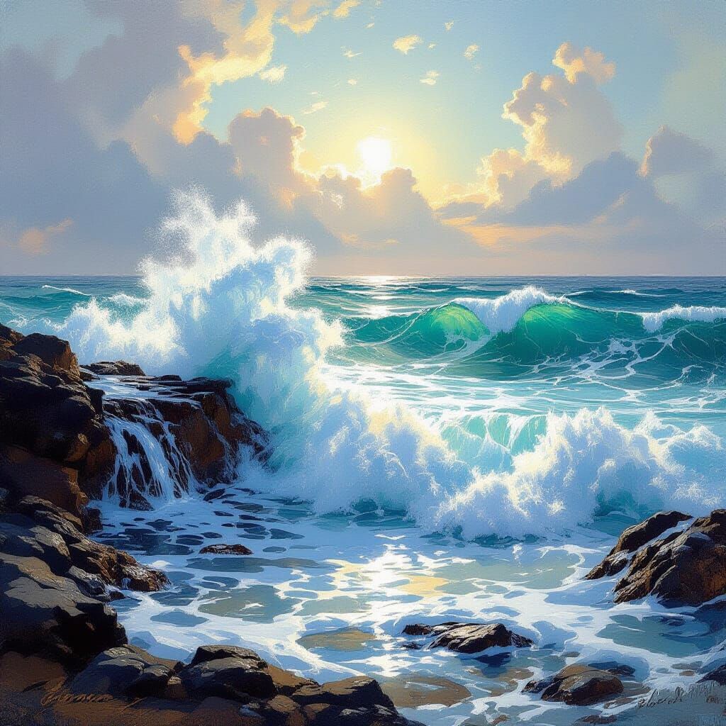Crashing Wave on Rocky Shoreline in Sunlight