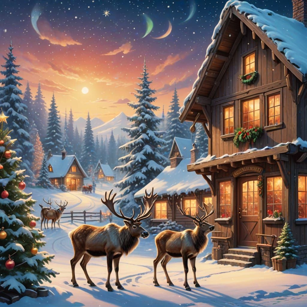 Whimsical Christmas Scene Outside Santa's Workshop