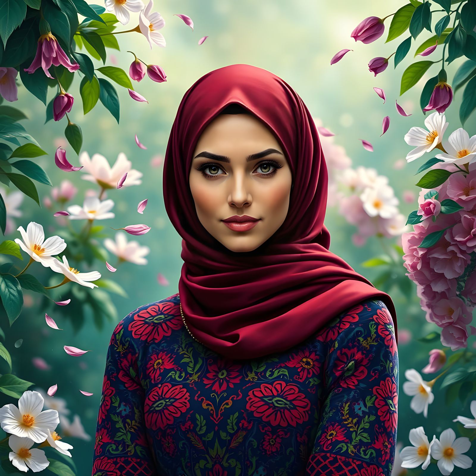 Elegant European Hijabi Woman in a Vibrant Floral Setting