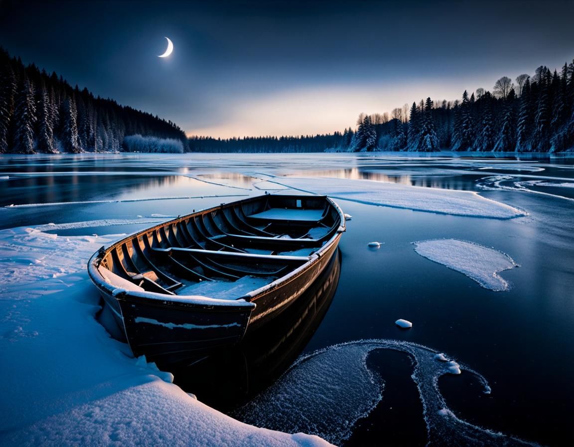 Frozen Lake at Night with Ancient Boat
