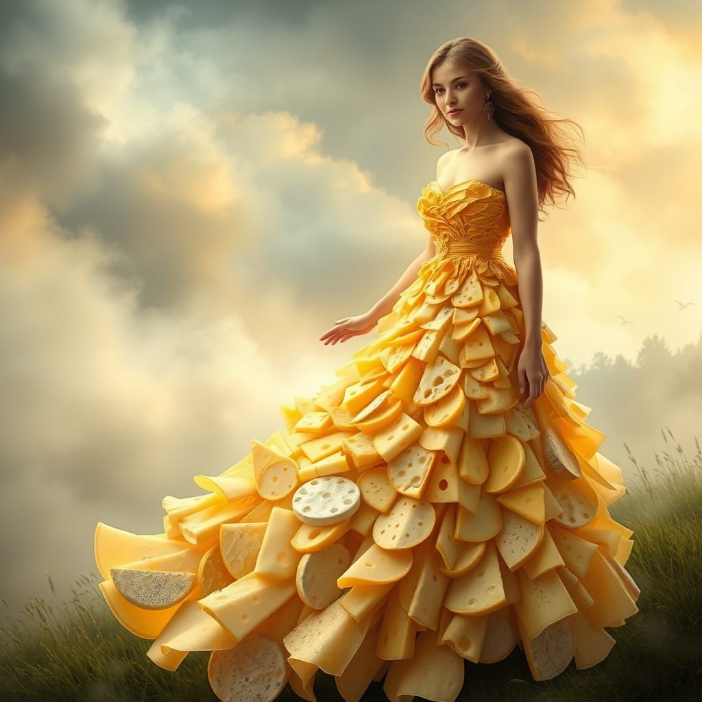 Woman in an Ethereal Cheese Gown Amidst a Dreamy Landscape