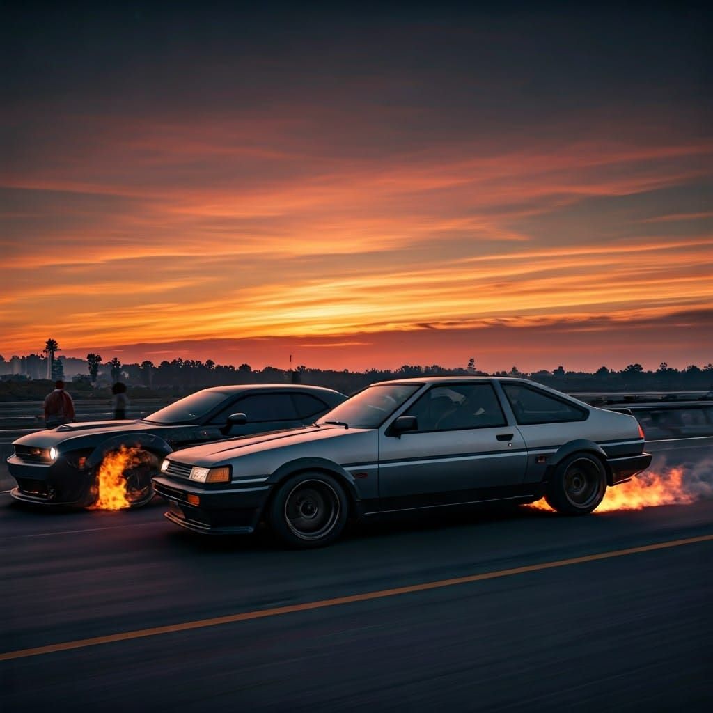 AE86 and Challenger Demon Burnout on Highway